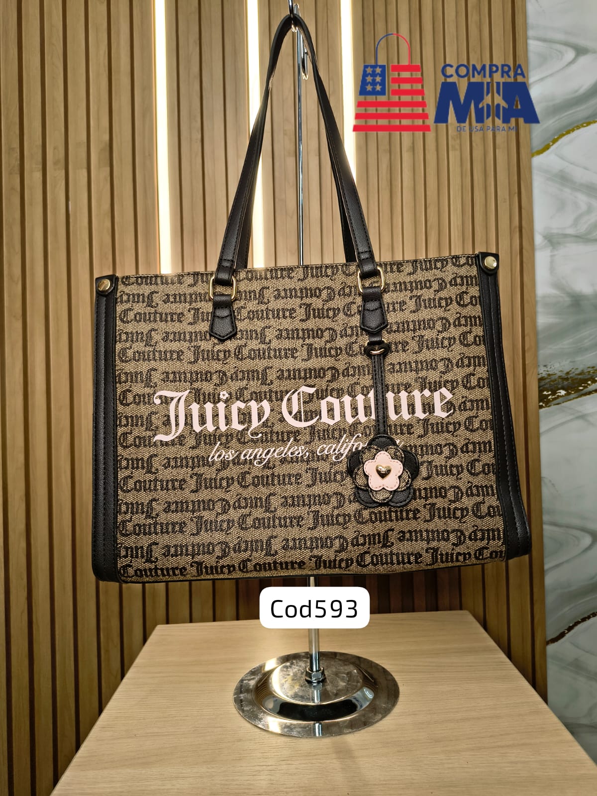 MINI TOTE MONOGRAMEADO MARRON CON CHARMS DE FLOR