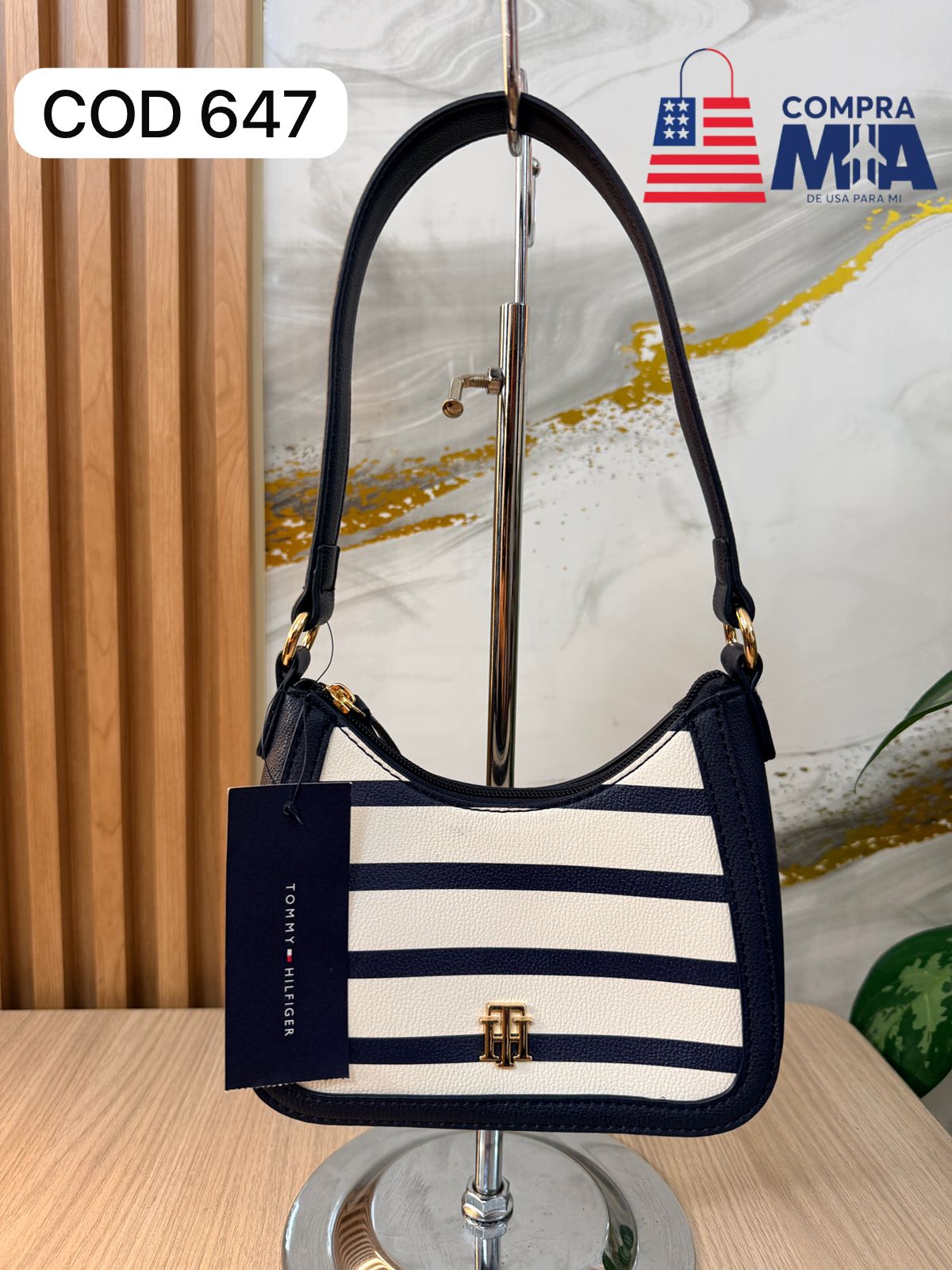 Bolsito Mini Tote TH Crema con azul 