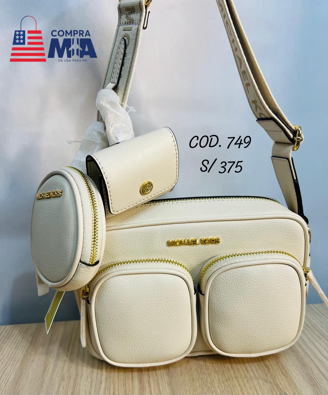 Crossbody MK Crema con dorado con 2 monederos 