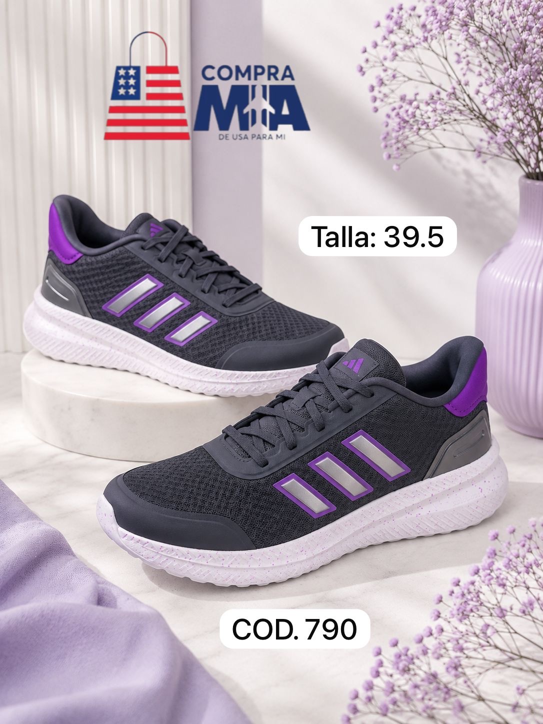 zapatillas mujer tela gris oscuro con morado, suela blanca con puntos morados talla 39.5