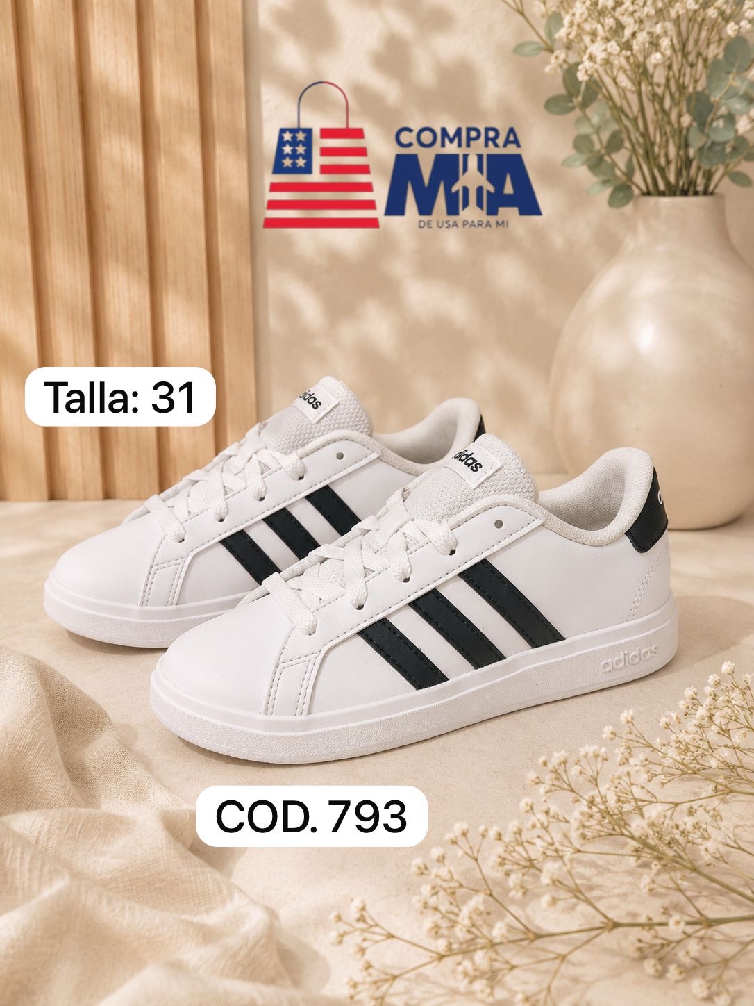 zapatilla niño color blanco con negro, suela blanca talla 31