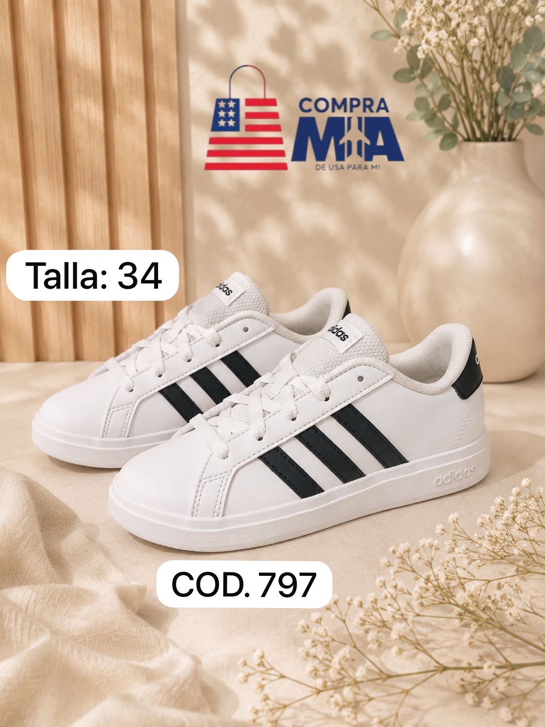 zapatillas niño cuero blanco con negro , suela blanca talla 34