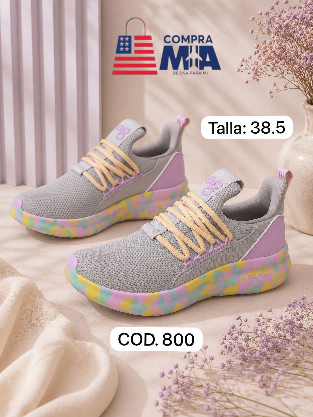 zapatilla tela mujer gris con rosada, suela de colores talla 38.5