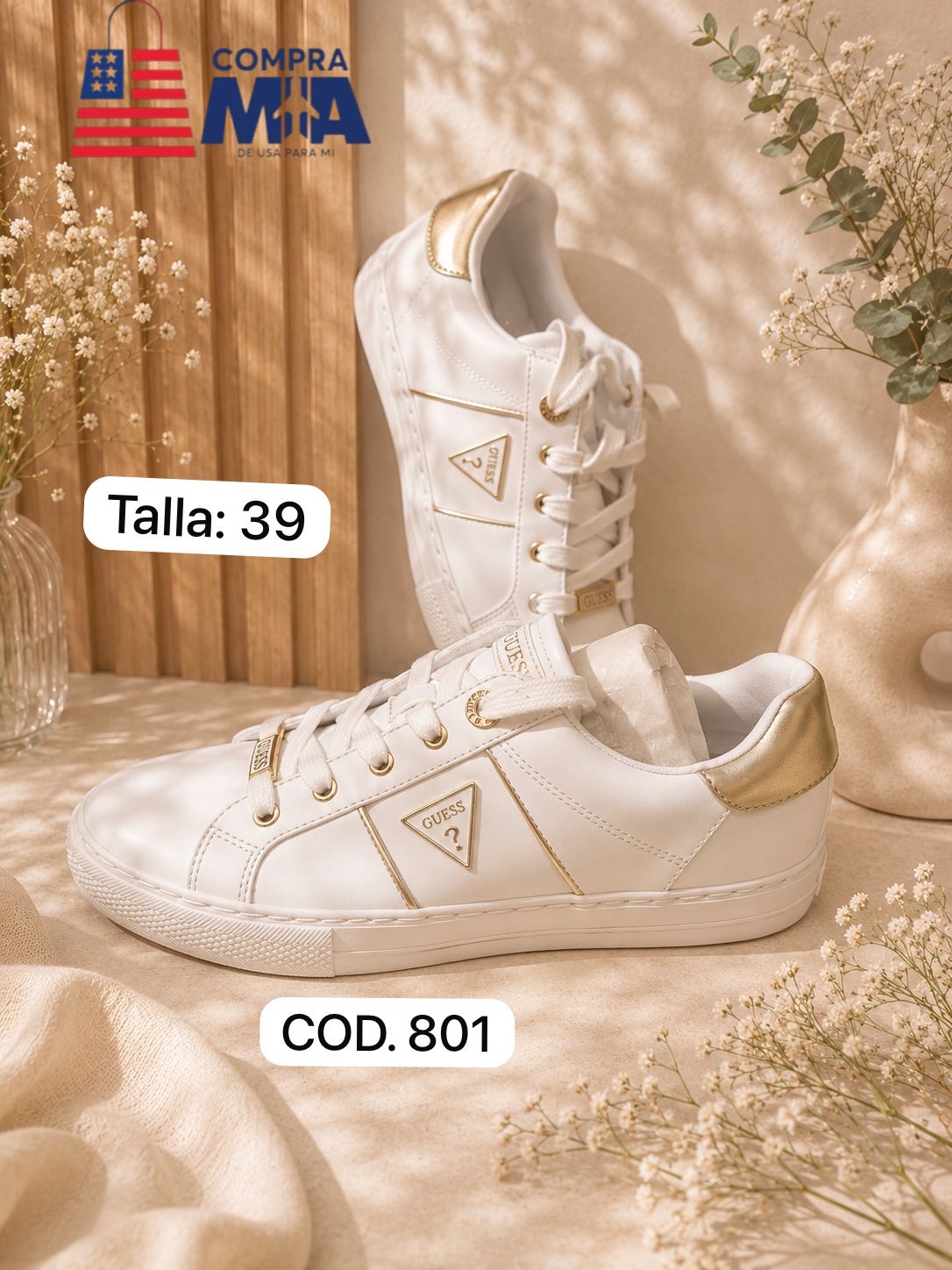 zapatilla cuero blanca con dorado mujer talla 39
