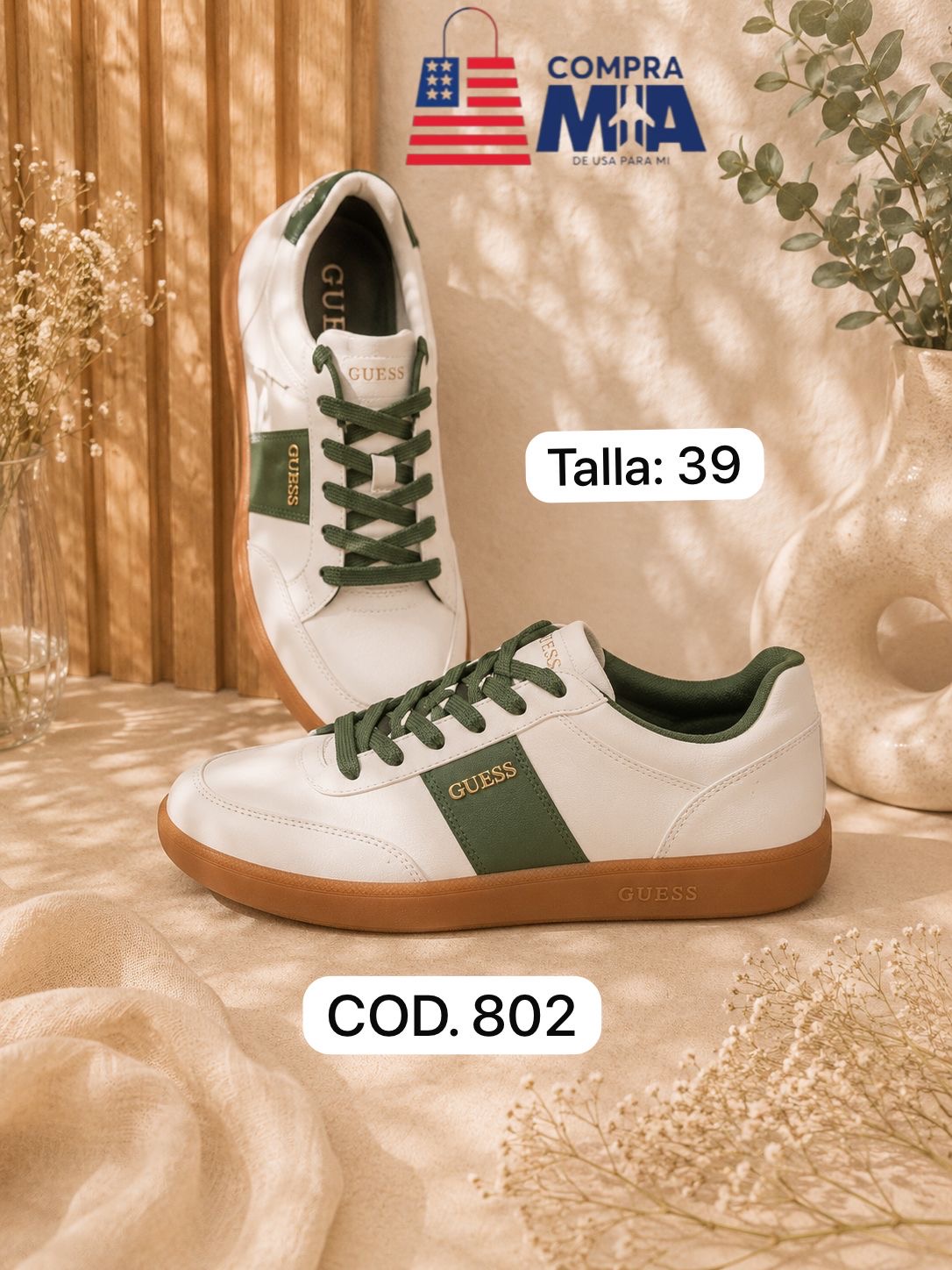zapatillas mujer cuero color crema con verde oscuro, suela color marron talla 39
