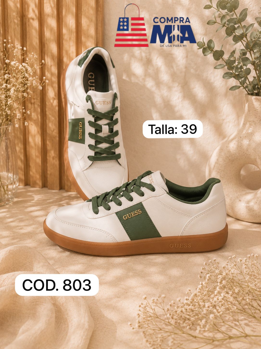 zapatillas mujer cuero color crema con verde oscuro, suela color marron talla 39