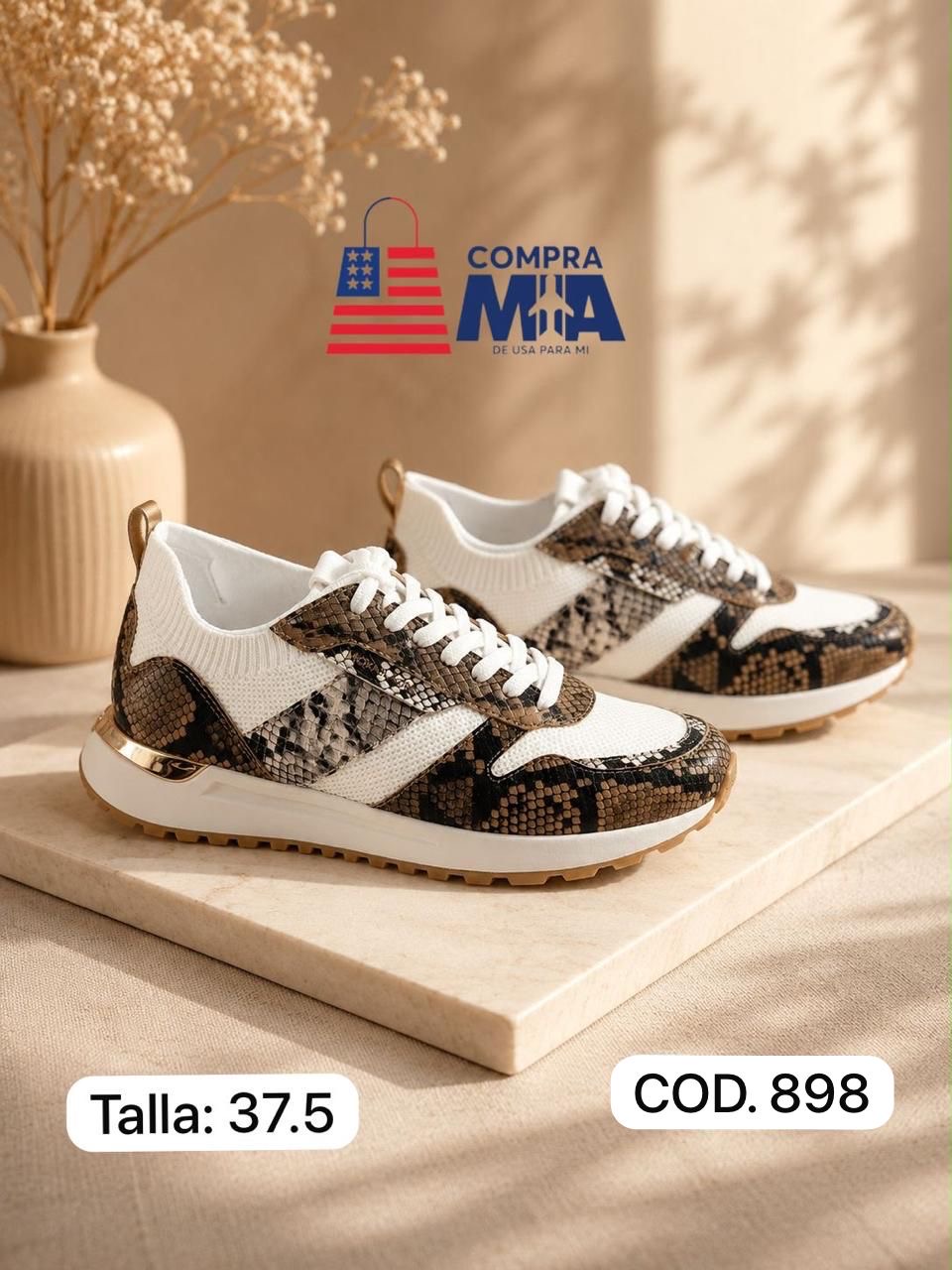 ZAPATILLA MK BLANCO CON FRANJAS MARRONES ANIMAL PRINT